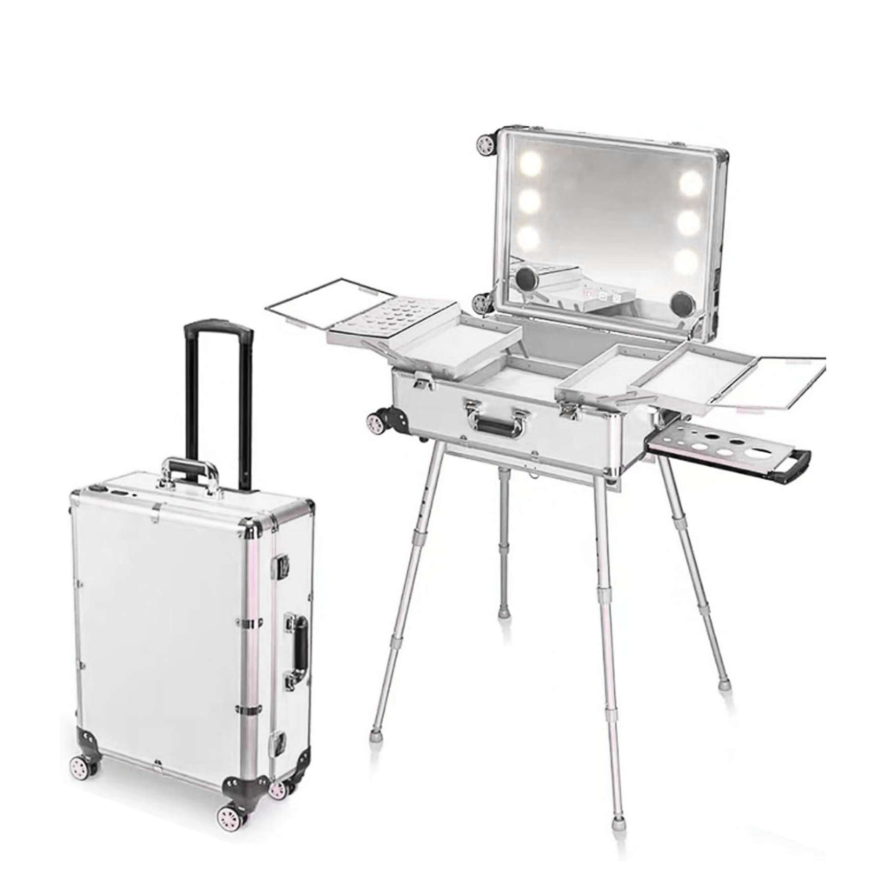 Multifunctional Lighted Makeup Trolley Case with Mirror, LED Lights, Power Outlet & Wheels – Portable Vanity Suitcase for Makeup Artists & Beauty Professionals