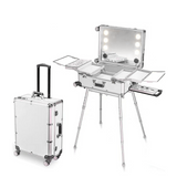 Multifunctional Lighted Makeup Trolley Case with Mirror, LED Lights, Power Outlet & Wheels – Portable Vanity Suitcase for Makeup Artists & Beauty Professionals