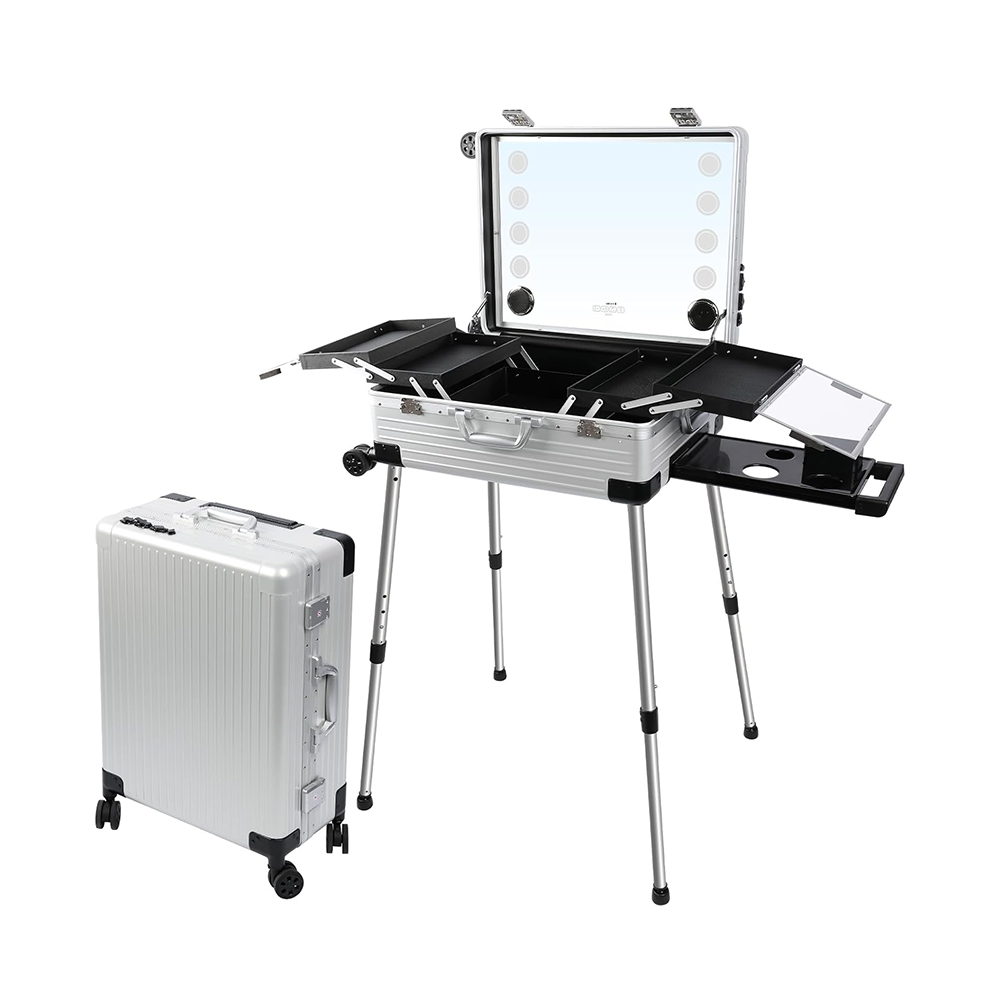 Multifunctional Lighted Makeup Trolley Case with Mirror, LED Lights, Power Outlet & Wheels – Portable Vanity Suitcase for Makeup Artists & Beauty Professionals