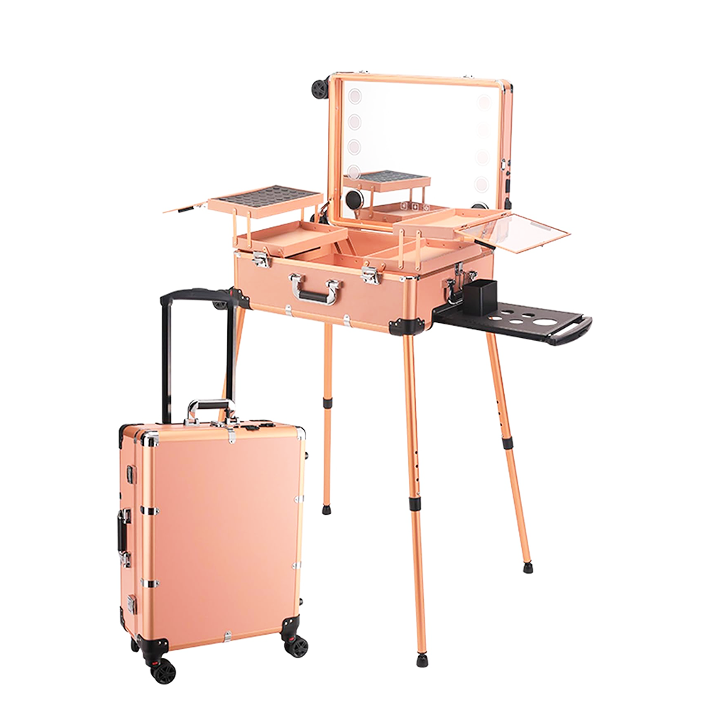 Multifunctional Lighted Makeup Trolley Case with Mirror, LED Lights, Power Outlet & Wheels – Portable Vanity Suitcase for Makeup Artists & Beauty Professionals