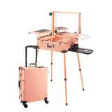 Multifunctional Lighted Makeup Trolley Case with Mirror, LED Lights, Power Outlet & Wheels – Portable Vanity Suitcase for Makeup Artists & Beauty Professionals