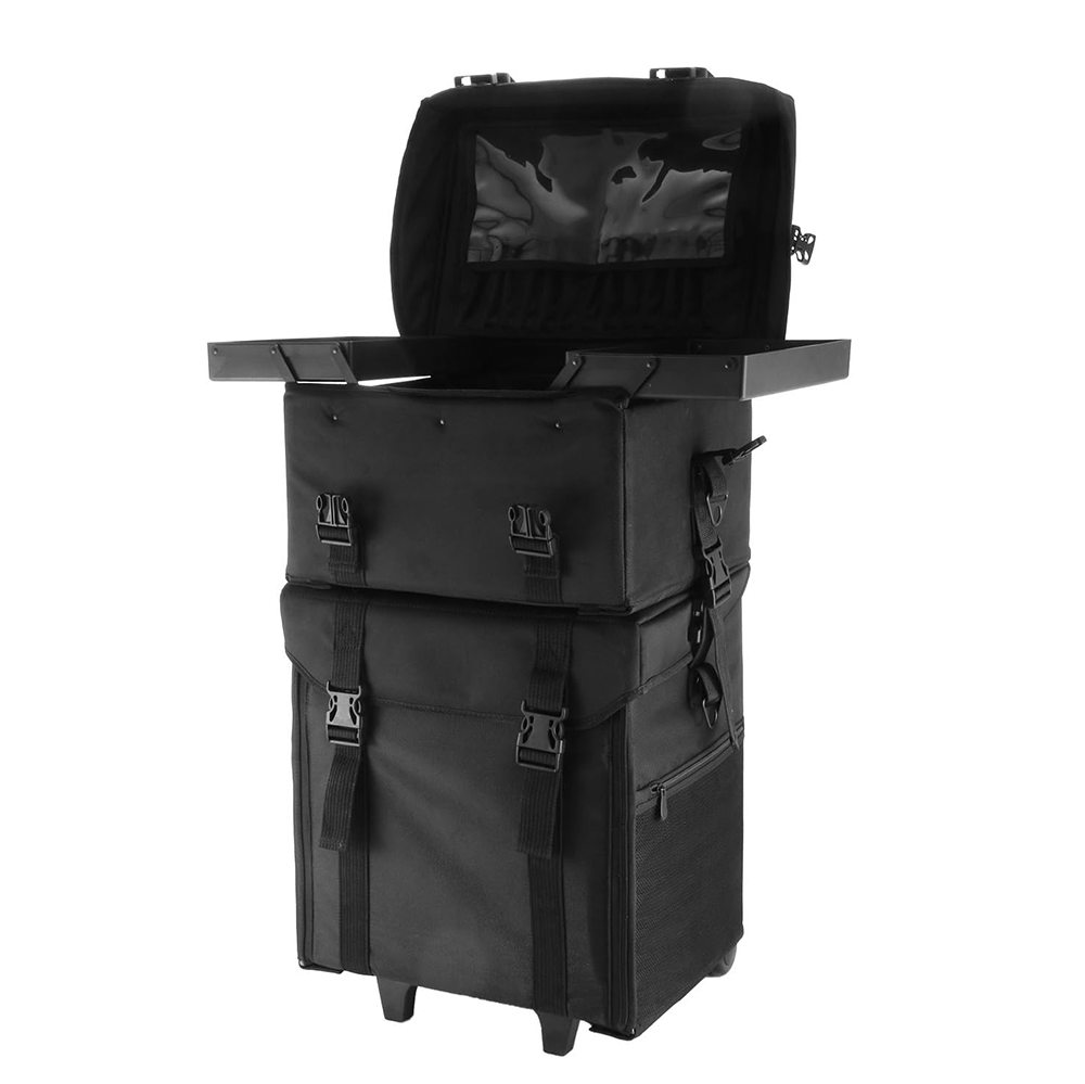 Professional 2-in-1 Makeup & Barber Trolley Bag – Rolling Cosmetic Organizer Case with Drawers, Oxford Fabric & Faux Leather Finish