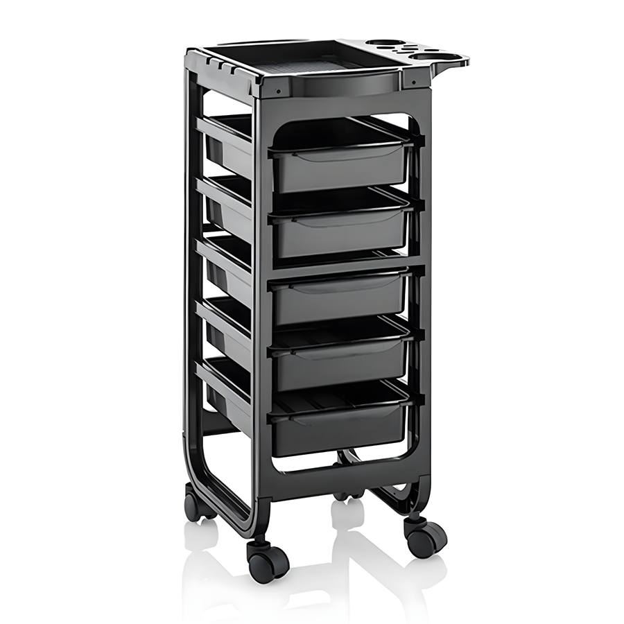 Pilot Salon Trolley 188 – Professional Rolling Hairdressing Cart with 5 Drawers, Side Tray & Tool Organizer – Black