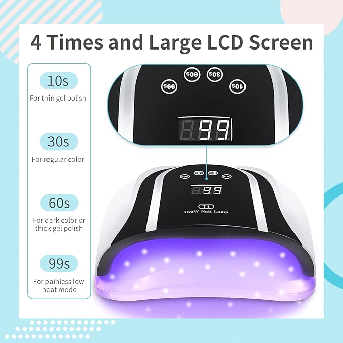 160W UV LED Nail Lamp for Gel Polish – Professional Nail Dryer with Timer, Auto Sensor & Detachable Base for Hands and Feet