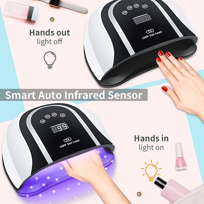 160W UV LED Nail Lamp for Gel Polish – Professional Nail Dryer with Timer, Auto Sensor & Detachable Base for Hands and Feet