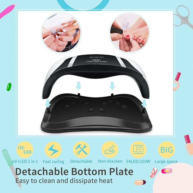 160W UV LED Nail Lamp for Gel Polish – Professional Nail Dryer with Timer, Auto Sensor & Detachable Base for Hands and Feet