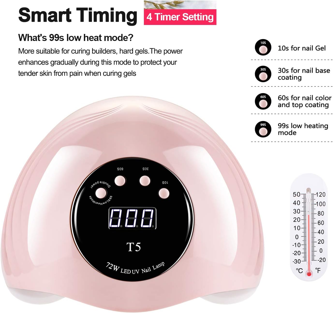 72W LED UV Nail Lamp T5 – Pink | Fast Gel Nail Dryer with Auto Sensor, 4 Timer Settings, Low Heat Mode | Corded Nail Curing Light for Gel Polish, Fingernails & Toenails