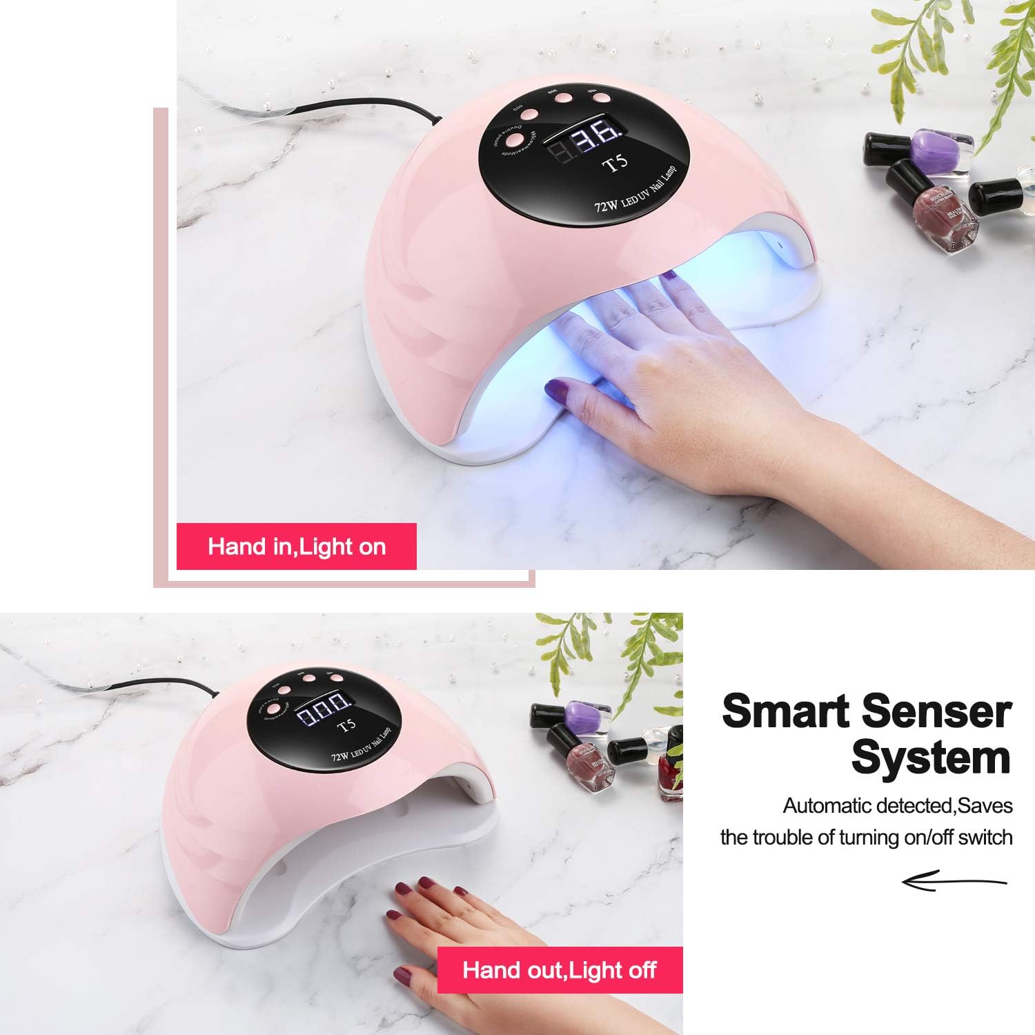 72W LED UV Nail Lamp T5 – Pink | Fast Gel Nail Dryer with Auto Sensor, 4 Timer Settings, Low Heat Mode | Corded Nail Curing Light for Gel Polish, Fingernails & Toenails