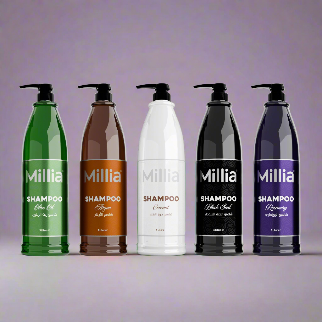 Millia Shampoo 3 Litre – Professional Nourishing Shampoo Available in Argan, Black Seed, Coconut, Olive Oil, and Rosemary for All Hair Types