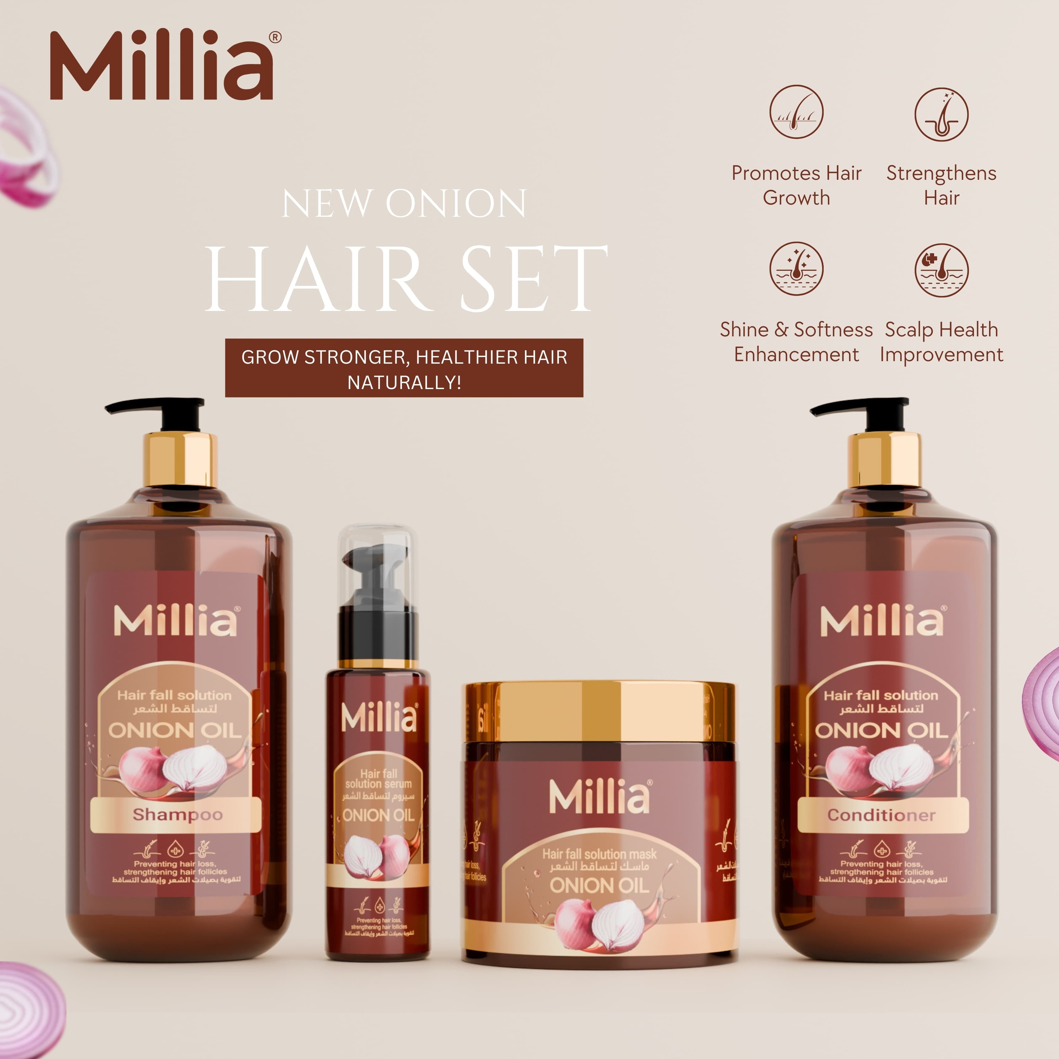 Millia Onion Oil Hair Care Set –  Shampoo, Conditioner, Hair Mask & Serum for Hair Fall Control, Growth & Shine