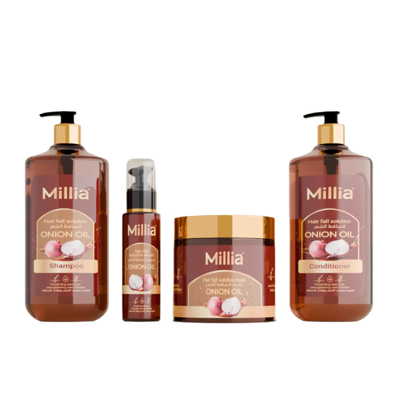Millia Onion Oil Hair Care Set –  Shampoo, Conditioner, Hair Mask & Serum for Hair Fall Control, Growth & Shine