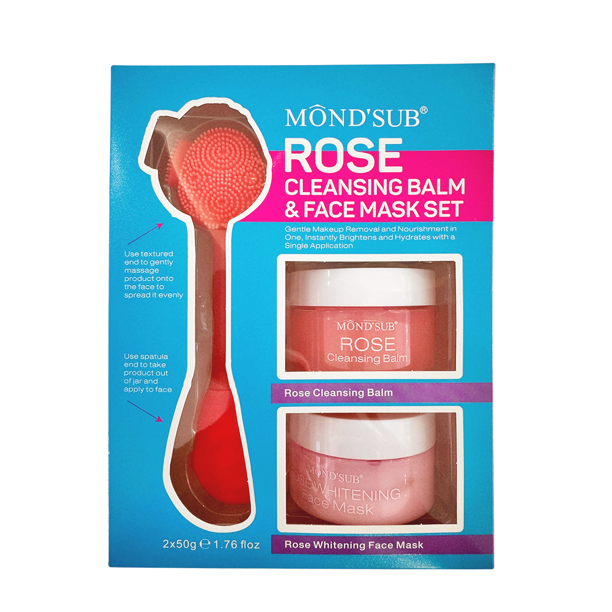 Mondsub Skincare Set – Rose & Collagen Cleansing Balm, Face Mask & Dual-Ended Silicone Brush with Spatula , Hydrating Makeup Remover, Firming & Brightening, Anti-Aging Set 2×50g
