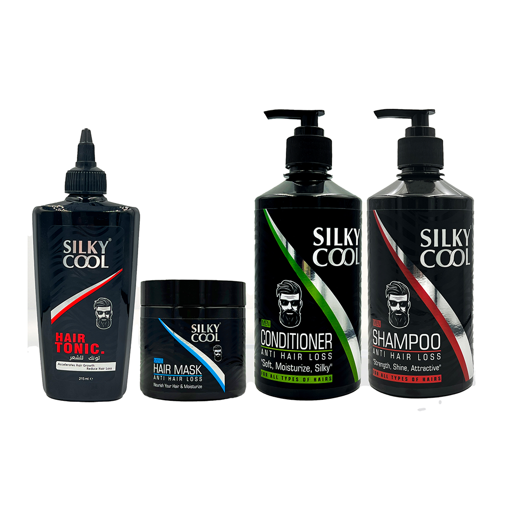 Silky Cool Men’s Hair Care Set – Anti Hair Loss & Growth Kit with Shampoo, Conditioner, Mask & Tonic (4-Piece Grooming Essentials)