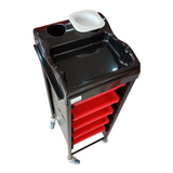 Salon Trolley TB-C01A – Black Frame with Red Drawers, Mobile Hairdresser Cart with 5 Drawers, Hair Dryer & Color Bowl Holders Rolling Beauty Salon Organizer