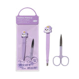 LLT23 Tweezer & Eyebrow Scissor Set 2pcs – Professional Stainless Steel Slant-Tip Tweezers and Curved Pointed Scissors for Eyebrow Grooming, Hair Removal, Precision Shaping, Home and Salon Use, Purple