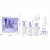 Travel Bottle Set SY760-3 – 7pcs Refillable Toiletry Kit with Pressurized, Spray & Squeeze Bottles, Cream Jars, Funnel & Scoop (Purple)