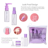 Travel Bottle Set SY760-3 – 7pcs Refillable Toiletry Kit with Pressurized, Spray & Squeeze Bottles, Cream Jars, Funnel & Scoop (Purple)