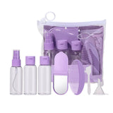 Travel Bottle Set SY763 – 7pcs Refillable TSA-Friendly Toiletry Kit with Spray Bottle, Clamshell Bottles, Foldable Mirror, Funnel, Scoop & Comb (Purple)