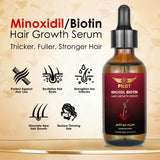 Pilot Minoxidil Biotin hair growth serum bottle with text on a beige background