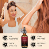 Woman examining her hair in a mirror with a bottle of hair product in the foreground, featuring FDA registration and product benefits.