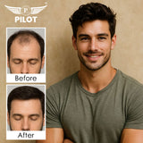 Before and after comparison of a man's hair with Pilot branding on a beige background.
