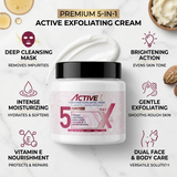 Infographic showing the five functions of ActiveX face and body exfoliating cream