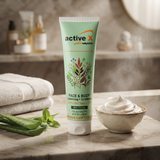 Woman using ActiveX Aloe Vera Face & Body Scrubbing Cream during her skincare routine