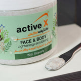 Close-up of ActiveX Face & Body Scrubbing Cream highlighting Aloe Vera Extract and creamy exfoliating formula