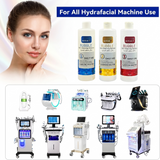 Cosmetic products labeled 'active' for hydrafacial machine use, with a woman's face and various hydrafacial machines displayed.