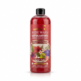 Body wash bottle with red label featuring floral design on a white background