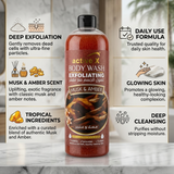 ActiveX Body Wash infographic showing exfoliation cleansing and skin smoothing benefits