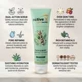 Infographic showing the benefits of ActiveX Face & Body Lightening & Scrubbing Cream with Aloe Vera including gentle exfoliation and smoother-looking skin