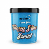 Blue container of 'Foamy Slime Scrub' with 'active X' branding on a white background