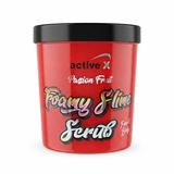 Red container of 'active X Passion Fruit Foamy Slime Scrub' on a white background