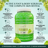 ActiveX Grapes Foot and Body Scrub Gel infographic showing exfoliating and skin smoothing benefits