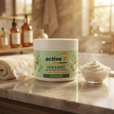Premium skincare presentation of ActiveX Aloe Vera Face & Body Lightening & Scrubbing Cream for soft, refreshed and healthy-looking skin