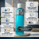 Infographic highlighting refreshing fragrance, post-shave comfort and professional barber use of ActiveX After Shave Cologne