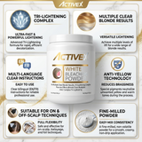 Infographic showing high lift, full bleaching and color removal benefits of ActiveX white bleach powder