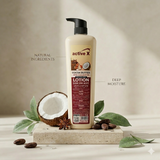 Hydrated glowing soft skin after using cocoa butter coconut oil body lotion for daily skincare