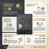 Infographic showing foot peeling process and callus removal benefits of Love Edellis Foot Mask