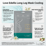 Cooling leg treatment mask showing hydration soothing care and botanical ingredients