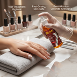 Nail technician using antiseptic spray after manicure and pedicure treatment in professional salon