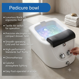 Pedicure bowl with features listed on a gray background