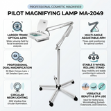 Pilot MA-2049 magnifying lamp highlighting 5X magnification and adjustable stand