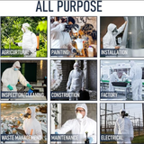 Infographic showing protective features of PPE White Coverall 70 GSM with hood and elastic cuffs