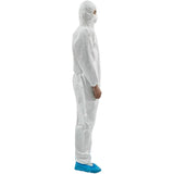 Person wearing a white protective suit on a white background