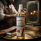 Premium salon hygiene setup featuring ActiveX disinfectant spray for professional grooming environment