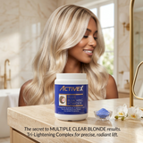 Professional hairstylist using ActiveX blue bleaching powder during hair lightening treatment