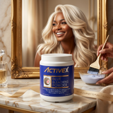Premium salon hair coloring setup featuring ActiveX Blue Hair Bleaching Powder made in Italy