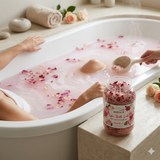 Using rose bath salt in body bath for relaxation skin softening and spa experience